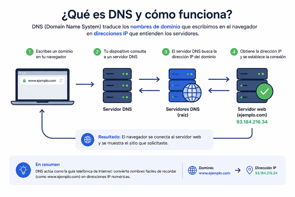 Infografía sobre qué es DNS y cómo traduce un dominio en una dirección IP