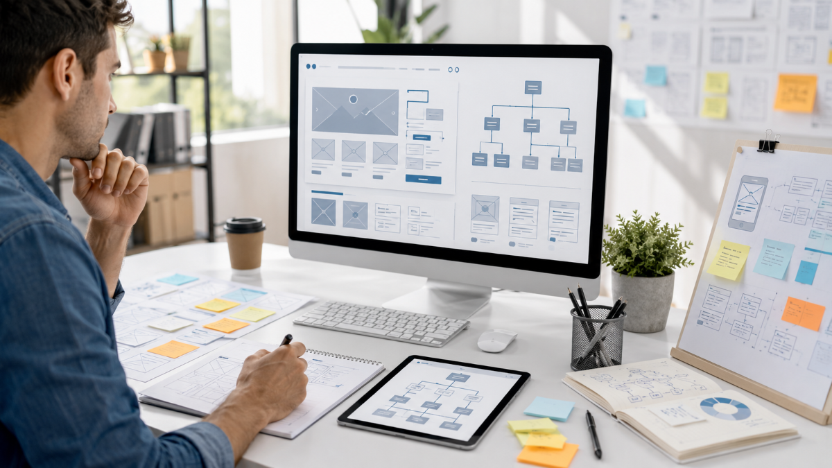 Diseñador organizando la estructura de una página web con wireframes y mapa de navegación