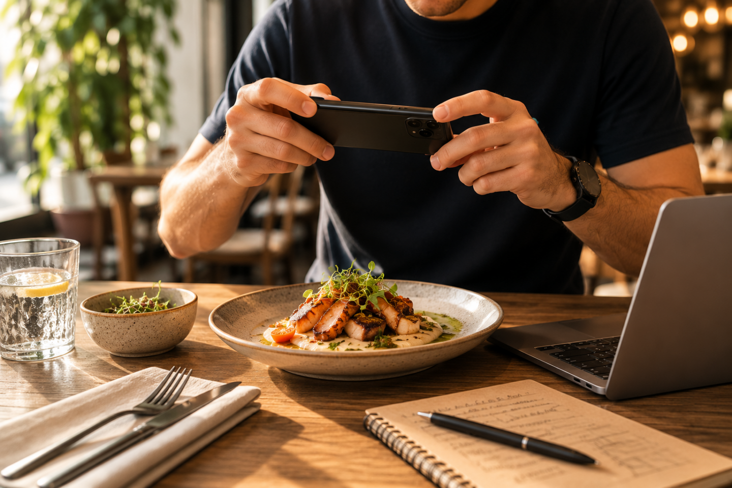Persona creando contenido visual para restaurantes fotografiando un plato atractivo