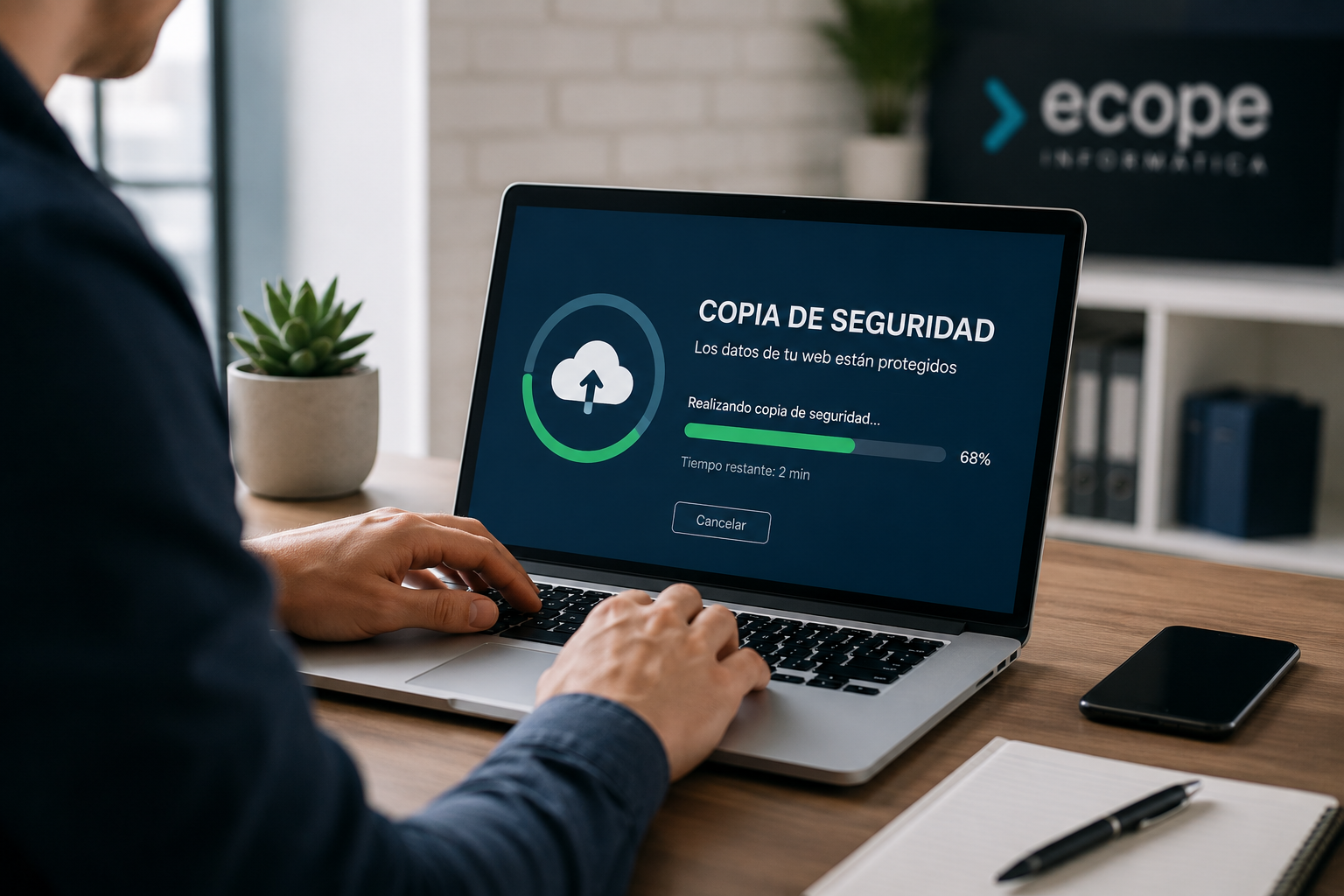 Copia de seguridad web en proceso para proteger los datos de un negocio online