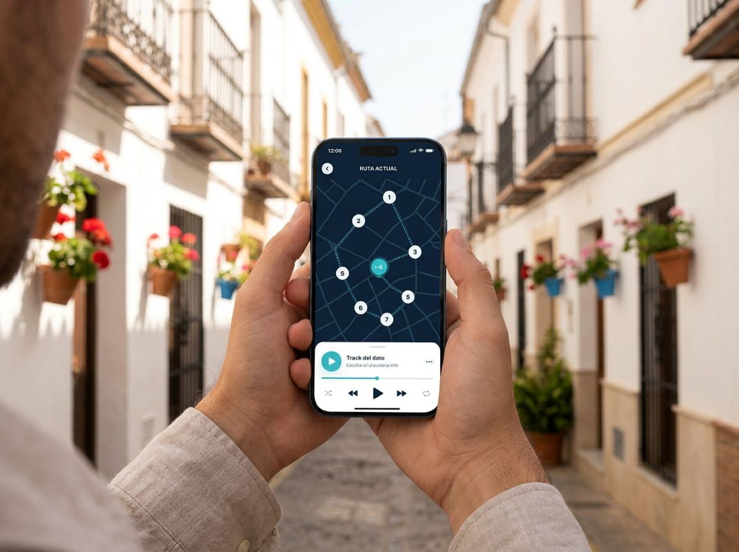 Móvil mostrando el mapa con los puntos de interés de una audioguía en una calle histórica