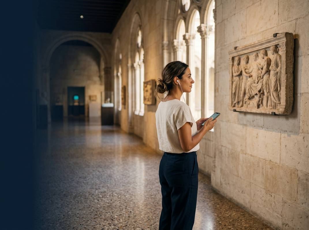 Visitante escuchando una audioguía digital en su móvil dentro de la sala de un museo