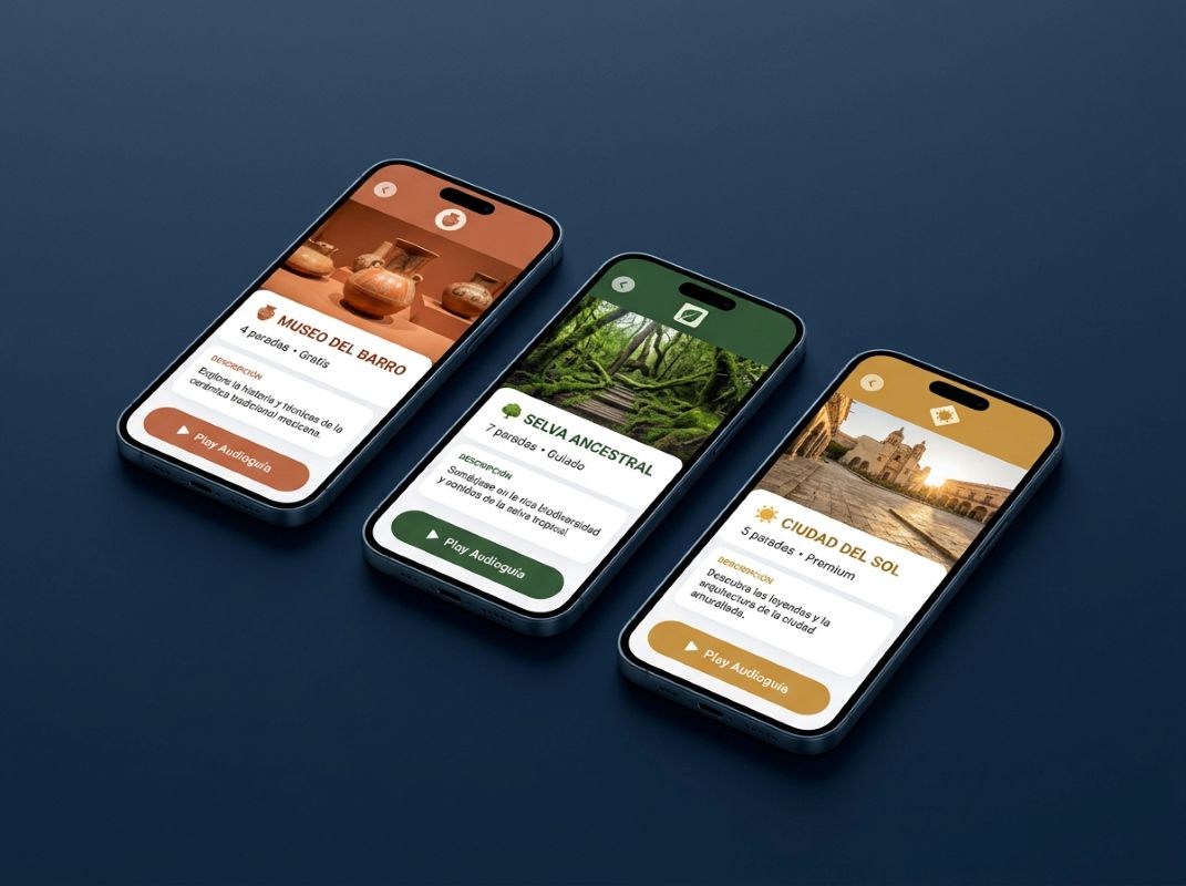 Tres audioguías personalizadas con la identidad visual de tres espacios distintos