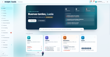 CRM a medida: panel de inicio de Ecope Leads con tareas, newsletters y clientes del equipo